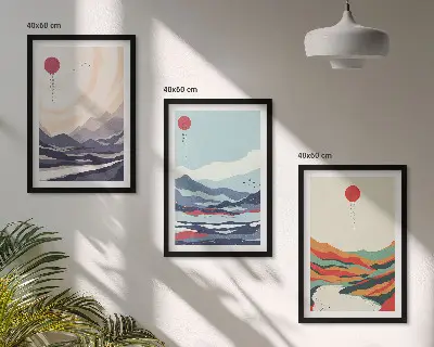 Japonų kalnų abstrakcijos 3 paveikslų rinkinys su rėmais