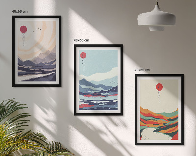 3 paveikslų rinkinys su rėmais Japonų kalnų abstrakcijos