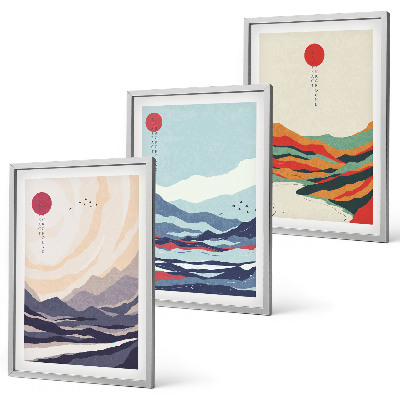 3 paveikslų rinkinys su rėmais Japonų kalnų abstrakcijos
