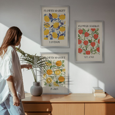 3 paveikslų rinkinys su rėmais Gėlių plakatai miestuose