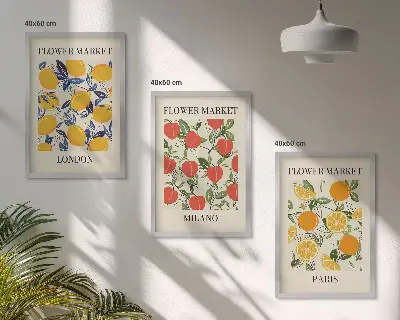 Gėlių plakatai miestų tematikos rinkinyje 3 paveikslų rinkinys su rėmais