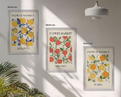 3 paveikslų rinkinys su rėmais Gėlių plakatai miestuose