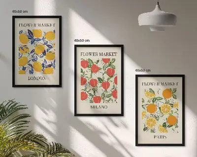 Gėlių plakatai miestų tematikos rinkinyje 3 paveikslų rinkinys su rėmais