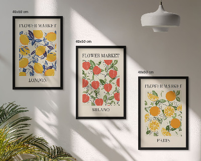 3 paveikslų rinkinys su rėmais Gėlių plakatai miestuose