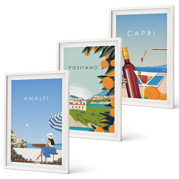 3 paveikslų rinkinys su rėmais Amalfis, Positano ir Kapris