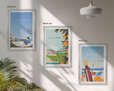 3 paveikslų rinkinys su rėmais Amalfis, Positano ir Kapris