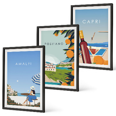 3 paveikslų rinkinys su rėmais Amalfis, Positano ir Kapris