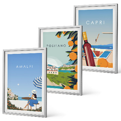 3 paveikslų rinkinys su rėmais Amalfis, Positano ir Kapris