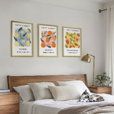 Įrėmintas triptikas Vaisių plakatai su citrinomis ir braškėmis