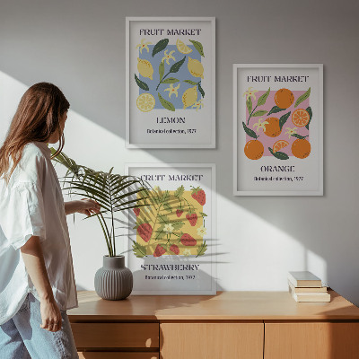 Įrėmintas triptikas Vaisių plakatai su citrinomis ir braškėmis