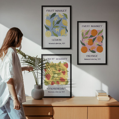Įrėmintas triptikas Vaisių plakatai su citrinomis ir braškėmis