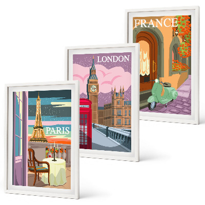 3 paveikslų rinkinys su rėmais Vaizdai Paryžius Londonas retro