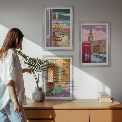 3 paveikslų rinkinys su rėmais Vaizdai Paryžius Londonas retro