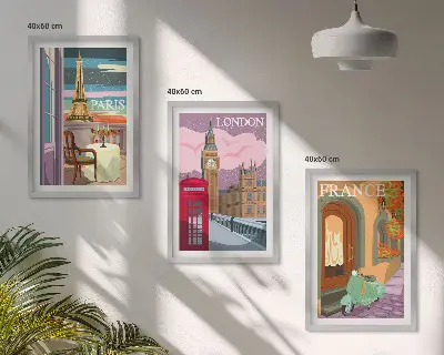 3 paveikslų rinkinys su rėmais retro stiliaus Paryžiaus ir Londono vaizdai