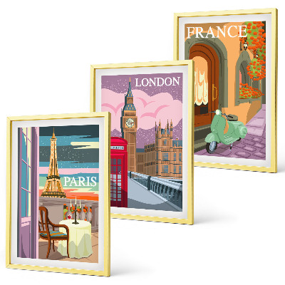 3 paveikslų rinkinys su rėmais Vaizdai Paryžius Londonas retro