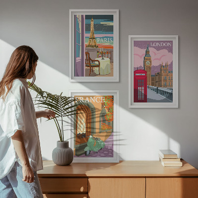 3 paveikslų rinkinys su rėmais Vaizdai Paryžius Londonas retro