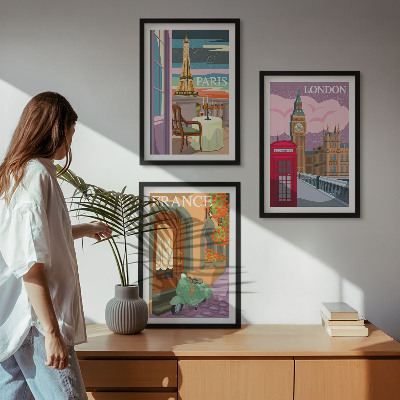 3 paveikslų rinkinys su rėmais Vaizdai Paryžius Londonas retro