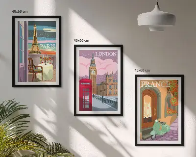 3 paveikslų rinkinys su rėmais retro stiliaus Paryžiaus ir Londono vaizdai