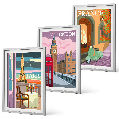 3 paveikslų rinkinys su rėmais Vaizdai Paryžius Londonas retro