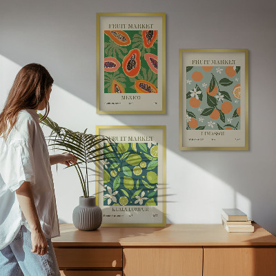 Įrėmintas triptikas Vintažiniai vaisių plakatai