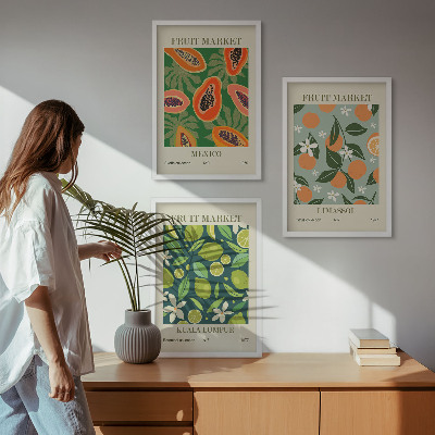 Įrėmintas triptikas Vintažiniai vaisių plakatai