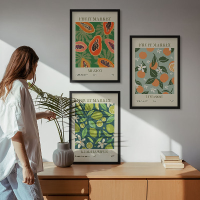 Įrėmintas triptikas Vintažiniai vaisių plakatai