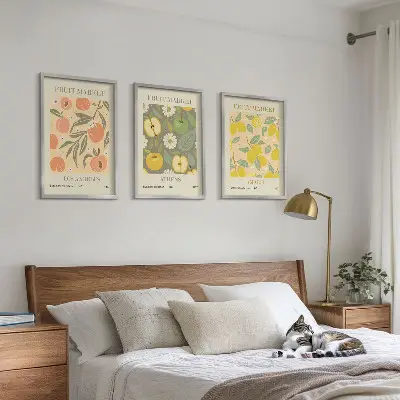 Retro plakatai su vaisių raštais 3 paveikslų rinkinys su rėmais