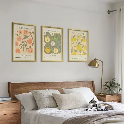 Retro plakatai su vaisių raštais 3 paveikslų rinkinys su rėmais