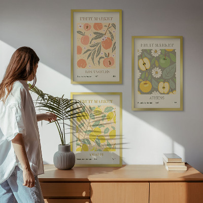 3 paveikslų rinkinys su rėmais Retro plakatai su vaisių raštais