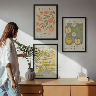 Retro plakatai su vaisių raštais 3 paveikslų rinkinys su rėmais