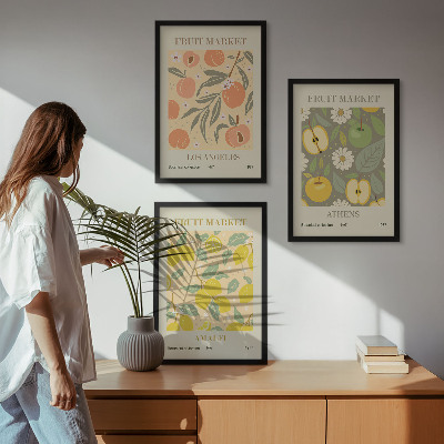 3 paveikslų rinkinys su rėmais Retro plakatai su vaisių raštais