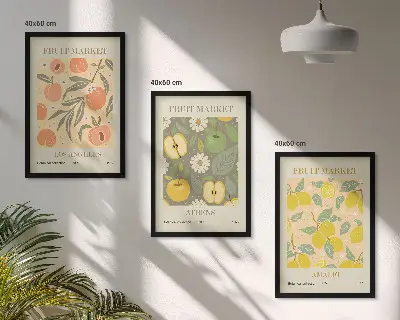 Retro plakatai su vaisių raštais 3 paveikslų rinkinys su rėmais