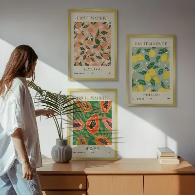 3 paveikslų rinkinys su rėmais tropiniai citrusinių vaisių retro stiliaus motyvai
