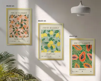 3 paveikslų rinkinys su rėmais tropiniai citrusinių vaisių retro stiliaus motyvai