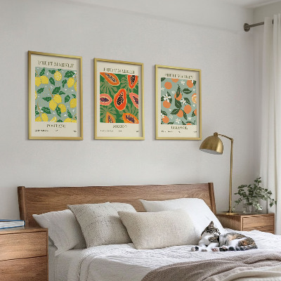 3 paveikslų rinkinys su rėmais Vaisių plakatai su citrinomis, papajomis