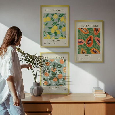 3 paveikslų rinkinys su rėmais Vaisių plakatai su citrinomis, papajomis