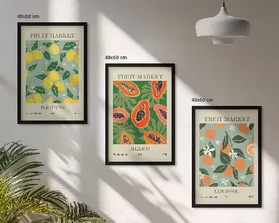 Vaisių plakatų rinkinys su rėmais su citrinomis ir papajomis