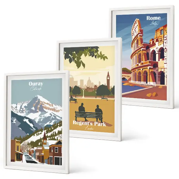 3 paveikslų rinkinys su rėmais, vaizduojantis Ouray kalnus ir Londono koliziejų