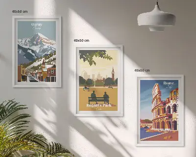 3 paveikslų rinkinys su rėmais, vaizduojantis Ouray kalnus ir Londono koliziejų
