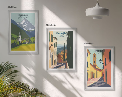 3 paveikslų rinkinys su rėmais Kalnų peizažai ir Italija