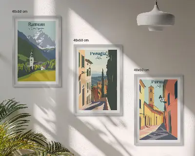 Kalnų peizažai ir Italija trijų dalių paveikslų rinkinys su rėmais