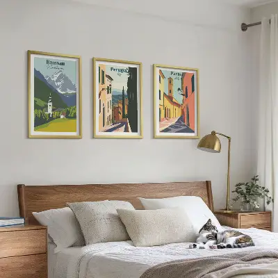 Kalnų peizažai ir Italija trijų dalių paveikslų rinkinys su rėmais