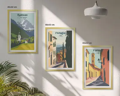 Kalnų peizažai ir Italija trijų dalių paveikslų rinkinys su rėmais