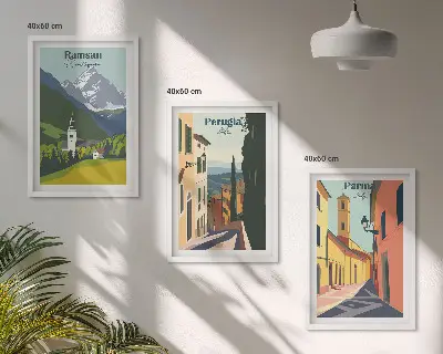 Kalnų peizažai ir Italija trijų dalių paveikslų rinkinys su rėmais