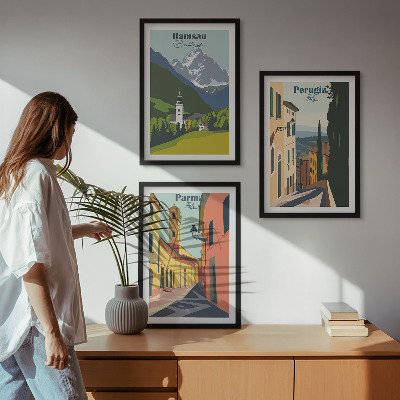 3 paveikslų rinkinys su rėmais Kalnų peizažai ir Italija