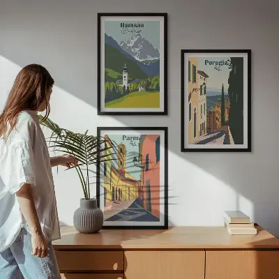 Kalnų peizažai ir Italija trijų dalių paveikslų rinkinys su rėmais