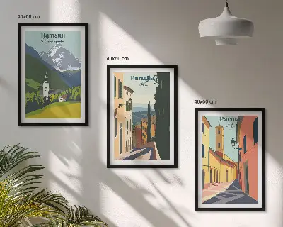 Kalnų peizažai ir Italija trijų dalių paveikslų rinkinys su rėmais