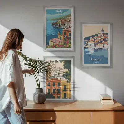 Miesto peizažai su pastatais įrėmintas triptikas
