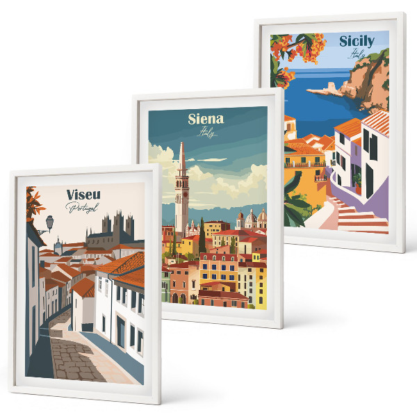 3 paveikslų rinkinys su rėmais Retro pasaulio miestų iliustracijos