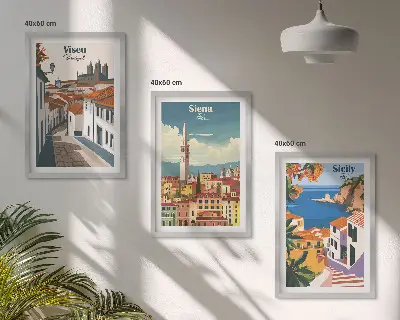 Retro pasaulio miestų iliustracijos 3 paveikslų rinkinys su rėmais